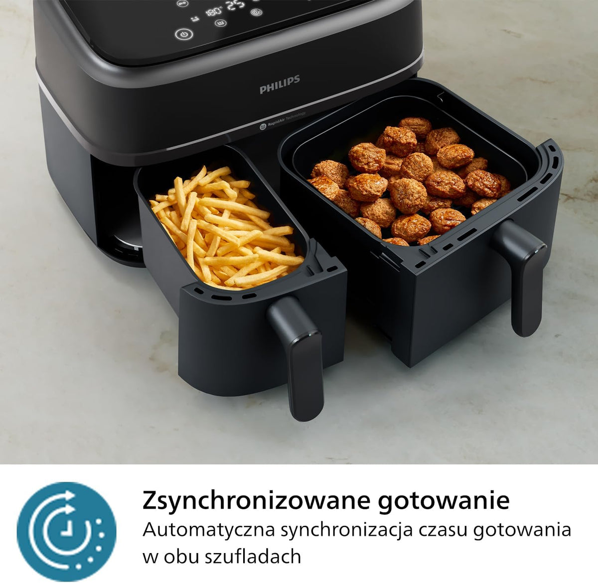 Philips Ovi Dual Basket z parą - Wyjątkowe funkcje gotowania Steamfry, Gotowania na parze, Airfry - 19 sposobów gotowania; pojemność 9L (3L + 6L), RapidAir Plus, automatyczne SteamClean (NA550/00)