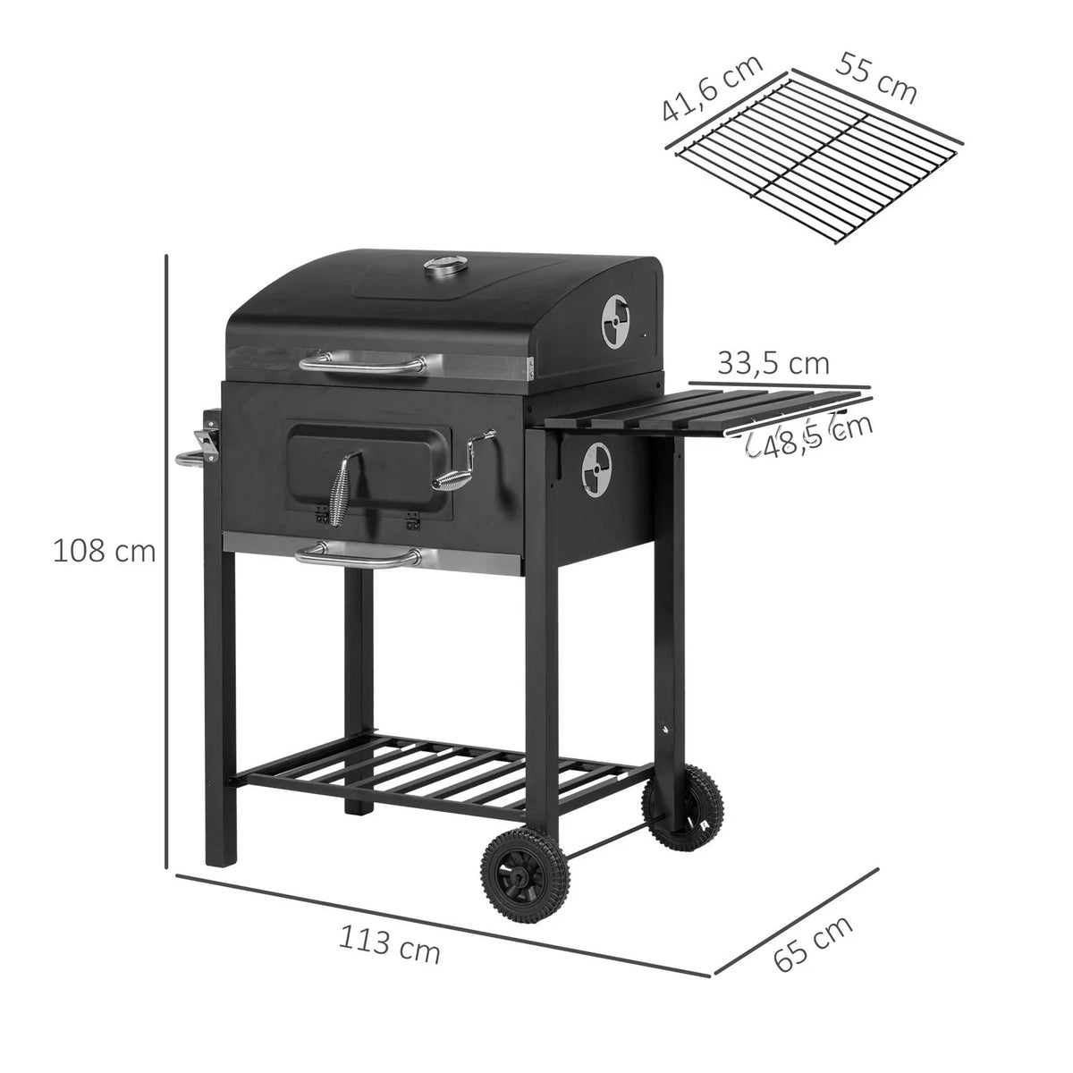 Grill Węglowy Outsunny Ze Stali Nierdzewnej 113x65x108 cm Czarny