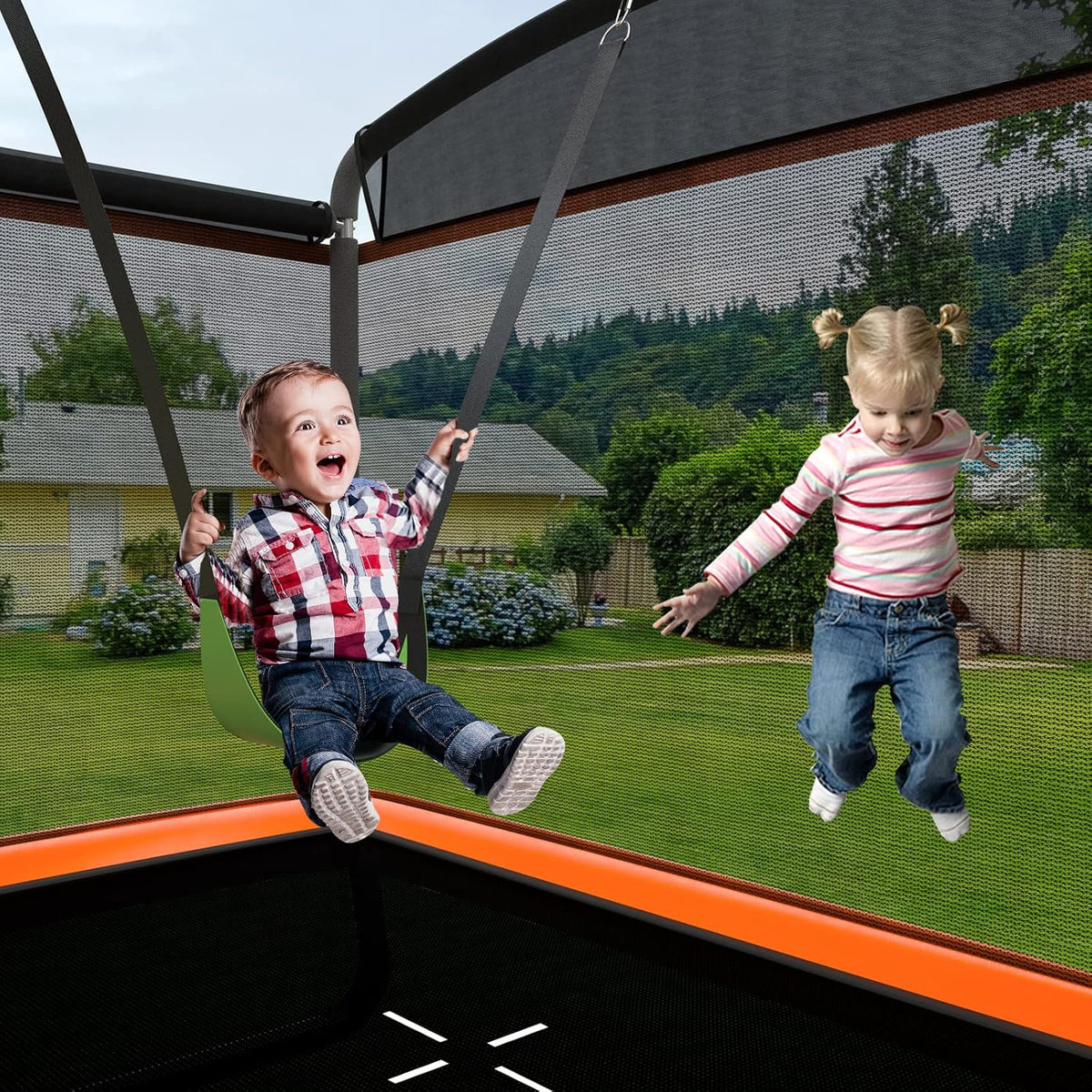 LIFEZEAL Trampolina z Huśtawką dla Dzieci, Trampolina Ogrodowa z Siatką Zabezpieczającą i Drzwiczkami, Idealna do Wewnątrz i na Zewnątrz