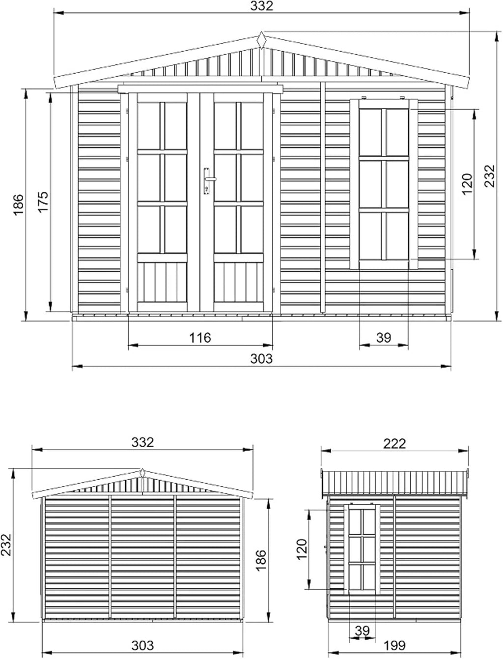 TIMBELA Drewniana szopa ogrodowa 6 m2 - Zewnętrzna szopa ogrodowa z podłogą, oknem, podwójnymi drzwiami - Domek ogrodowy do pracy w domu - z zielonymi gontami bitumicznymi M334FB+H334FBGREEN