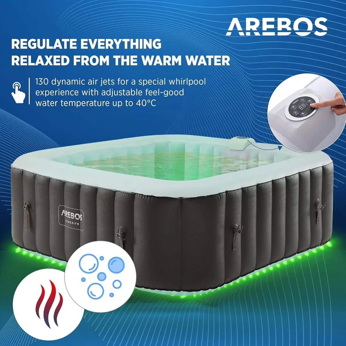 Dmuchane spa Arebos | Jacuzzi | 185 x 185 cm | dla 6 osób | świecąca taśma LED | 130 dysz masujących | 910 litrów | w zestawie pokrywa | masaż bąbelkowy i relaks