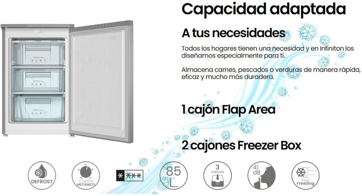 INFINITON CV-A85I - Zamrażarka pionowa, 80 litrów, 85 cm, 3 szuflady, regulacja temperatury, odwracalne drzwi, regulacja wysokości, klasa energetyczna E, Inox