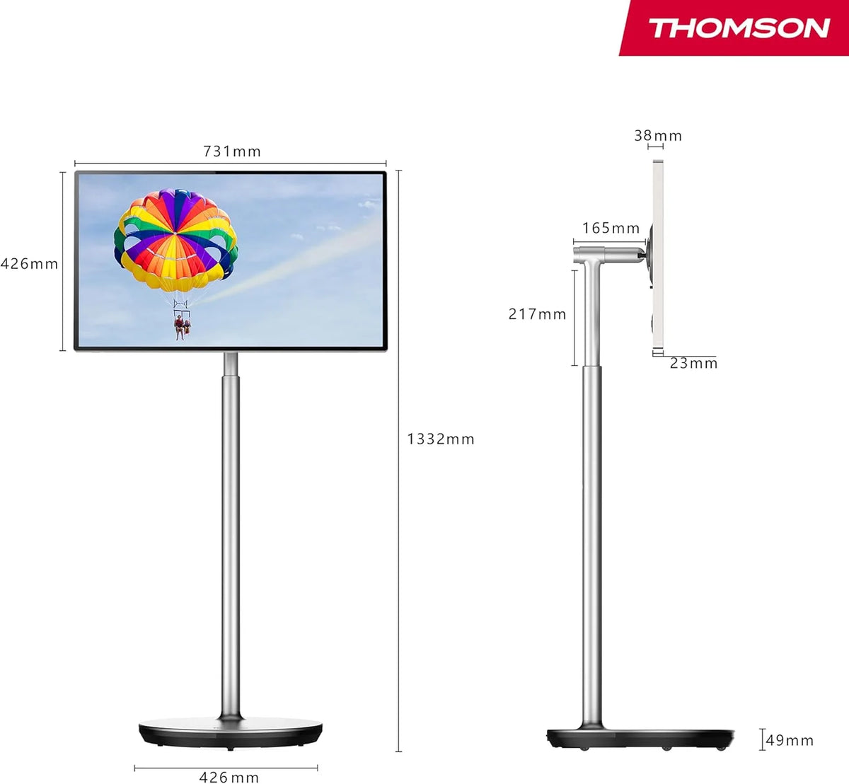 THOMSON 32 cale (81 cm) Go Plus, Przenośny Android 4K UHD – Dotykowy Ekran WiFi Bluetooth Sterowanie Głosowe, Hotspot, 4 Godziny Baterii, Możliwość Pochylenia i Regulacji Wysokości