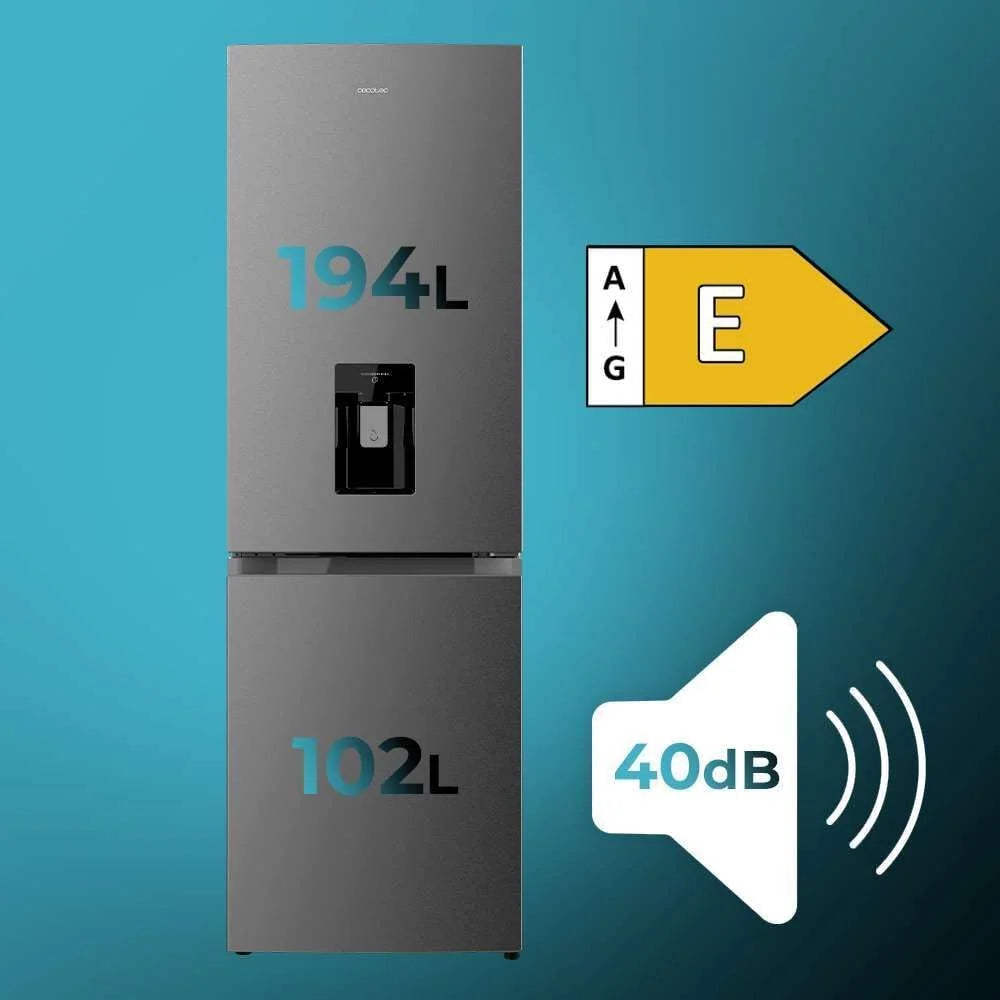 Lodówka Cecotec Combi 2 Drzwiowa z dystrybutorem wody Bolero CoolMarket Combi 296 DF WD Dark E. 296L, 60cm szerokości, funkcje FastCooling, FastFreezing i DeFrost, oświetlenie LED, Dark Inox