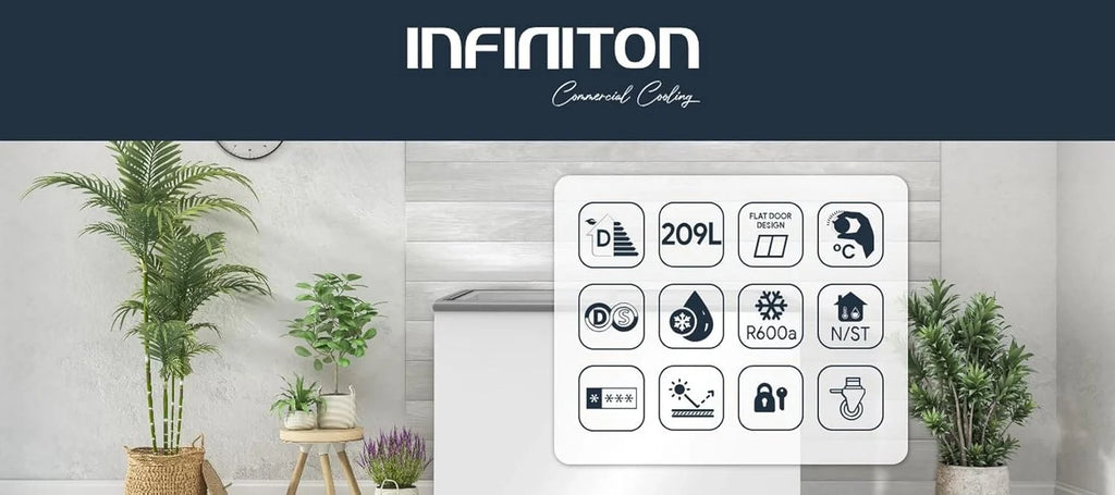 INFINITON Arcon Congelador Industrial FCH-209CC82WEC, 209 litrów, drzwi o płaskiej konstrukcji, mechaniczna regulacja temperatury, klasa D, kółka, zamek bezpieczeństwa na klucz