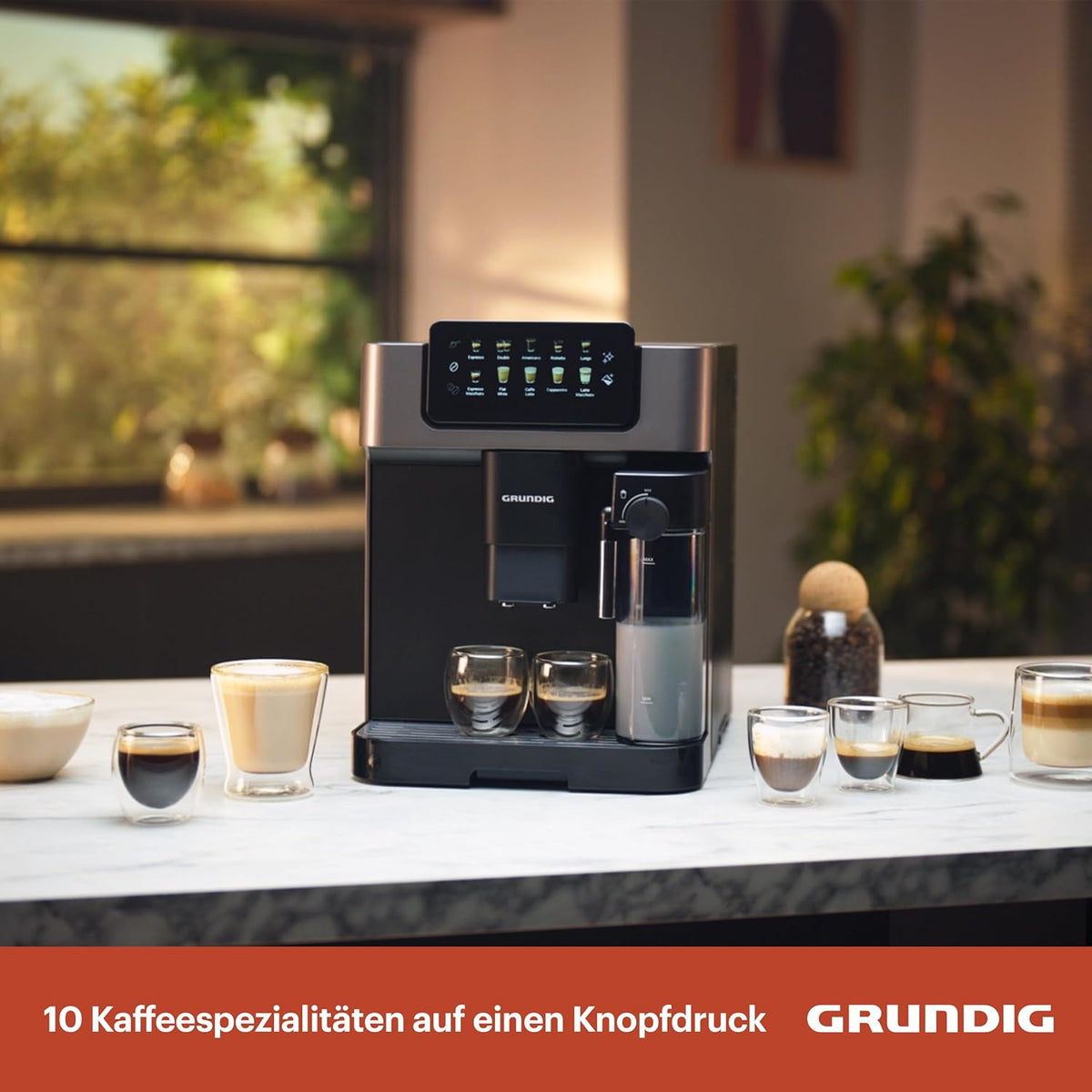 Grundig KVA 7230 ekspres do kawy, 10 specjałów do kawy, 13 stopni mielenia, pojemnik na mleko, wydajny 1350 W, ciśnienie pompy 19 bar, podwójna dysza, oświetlenie, czarny/ciemny srebrny