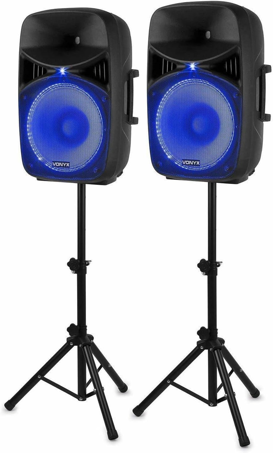 Vonyx VPS152A Aktywny zestaw głośnikowy (2 szt.) 1000 W, przenośny, aktywny/pasywny, Bluetooth, 15 cali, mikrofon przewodowy, pilot, statywy, odtwarzacz MP3 z USB/SD, diody LED