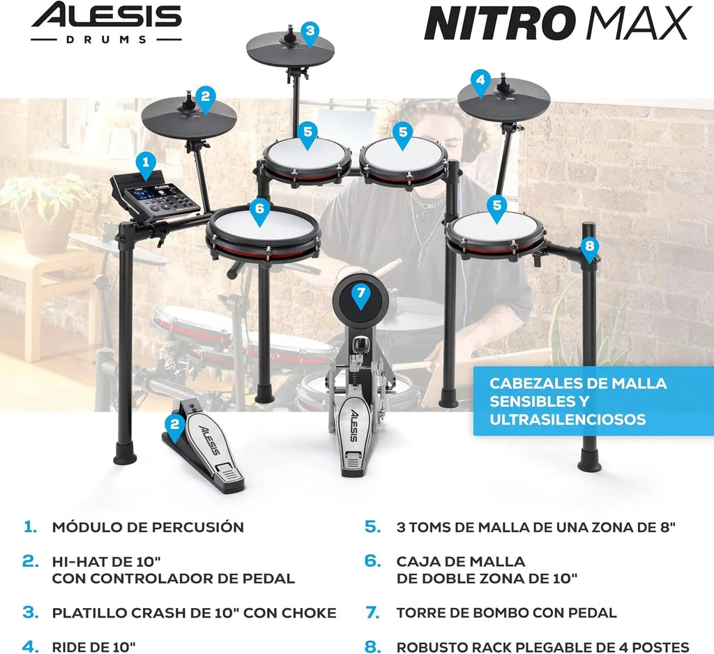 Alesis Nitro Max Kit – Elektroniczna perkusja z cichymi naciągami siateczkowymi, dwustrefowym padem werbla 10", Bluetooth, 440+ autentycznych brzmień, lekcjami Drumeo, USB MIDI, pedałem stopy