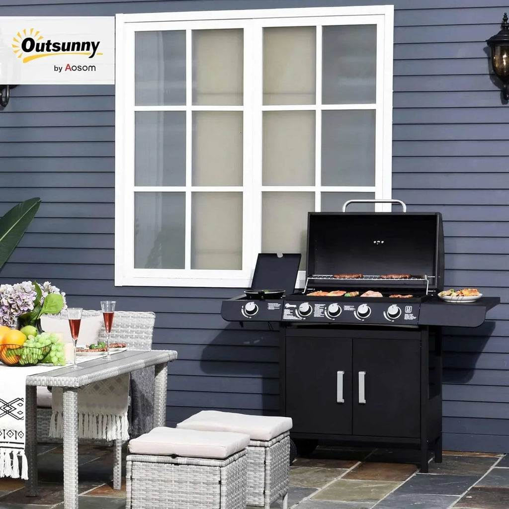 Outsunny grill gazowy z 4+1 palnikami 14,4 kW, stolikami bocznymi, szafką do przechowywania, termometrem i 2 kółkami, grill ze stali nierdzewnej 125 x 51 x 100 cm, czarny
