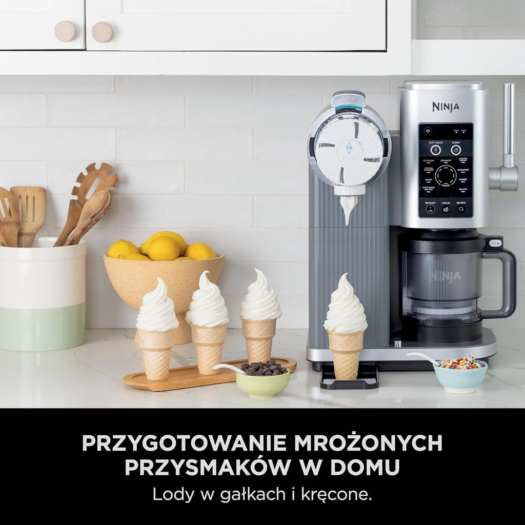 Ninja CREAMI Scoop & Swirl maszynka do lodów z 2 pojemnikami, 13 funkcji, przygotowuje lody, lody włoskie, gelato, sorbety, koktajle mleczne i inne desery, opcja dodatków, Srebrny, NC701EU