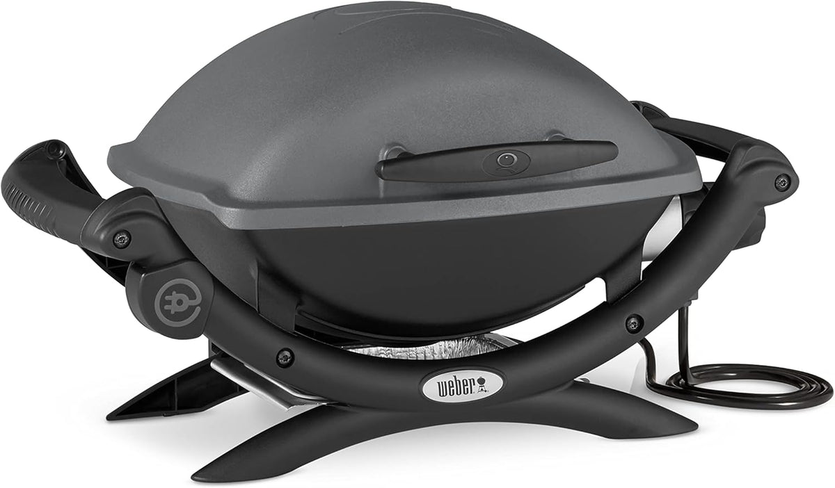Weber Q1400 Elektryczny Grill, powierzchnia grillowania 43 x 32 cm, przenośny BBQ Grill,2-częściowy żeliwny ruszt pokryty emalią porcelanową, pokrywa i obudowa aluminiowa - Ciemnoszary (52020079)