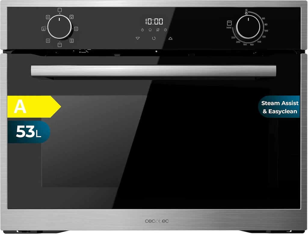 Cecotec Piekarnik do zabudowy 45 cm wysokości, wielofunkcyjny Bolero Hexa M224500 Edge A. 2600 W, pojemność 53 l, 7 funkcji, grill, grill wspomagany wentylatorem, termoobieg, rozmrażanie, Steam Base X2, Steam EasyClean, para