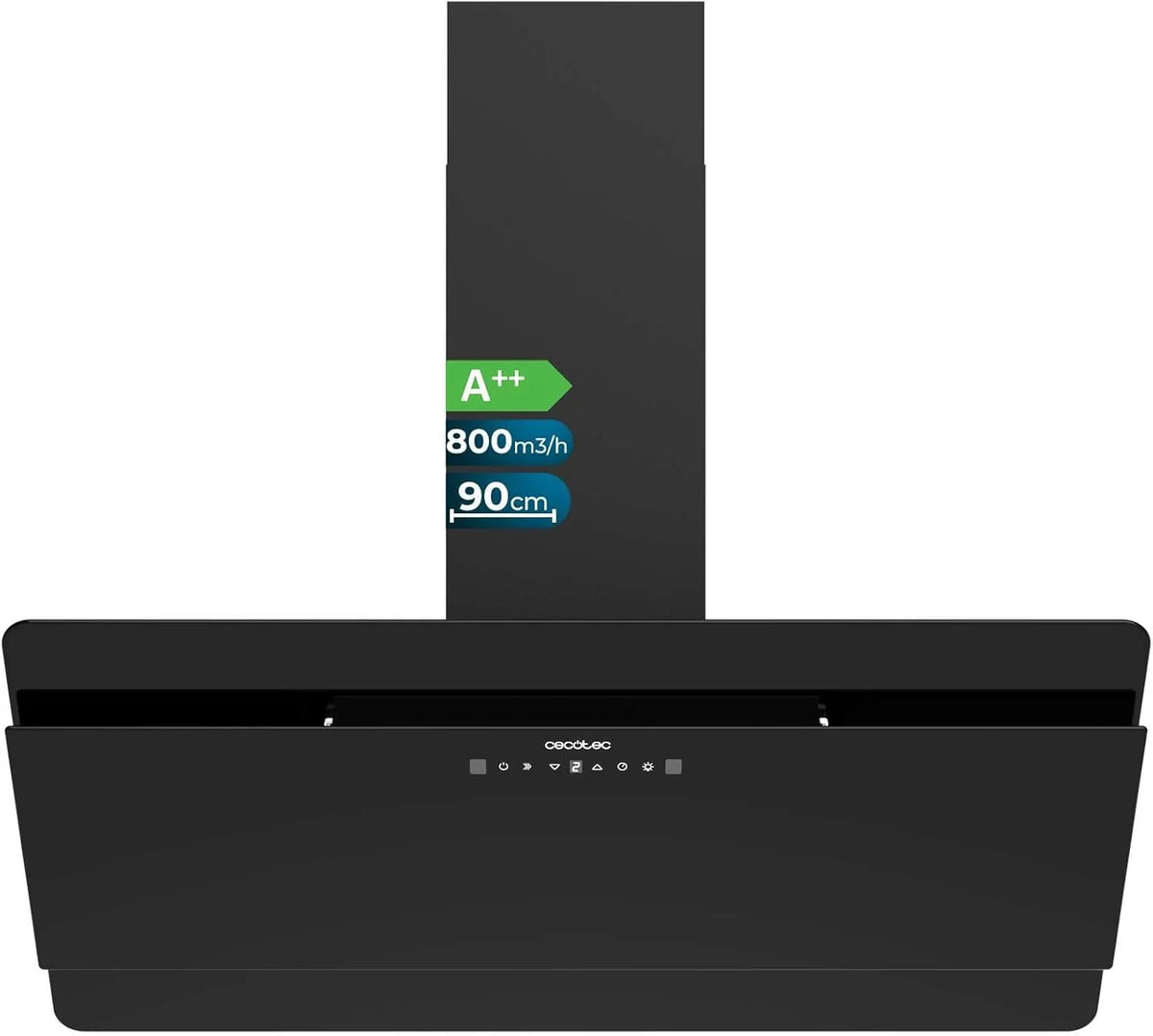 Okap dekoracyjny Cecotec 90 cm Flux Dt 908000 Glass Black A++. Czarne szkło, moc 800m3/h, silnik 210W, A++, sterowanie dotykowe, 3 poziomy + booster, sterowanie ruchem ręki