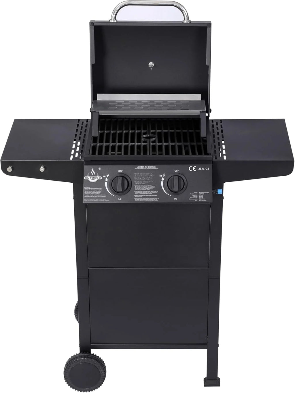 Grill gazowy El Fuego® „San Jose 2 palniki” z wężem gazowym i reduktorem ciśnienia, ruszt żeliwny, z termometrem i dużymi półkami bocznymi, grill BBQ | AY0204