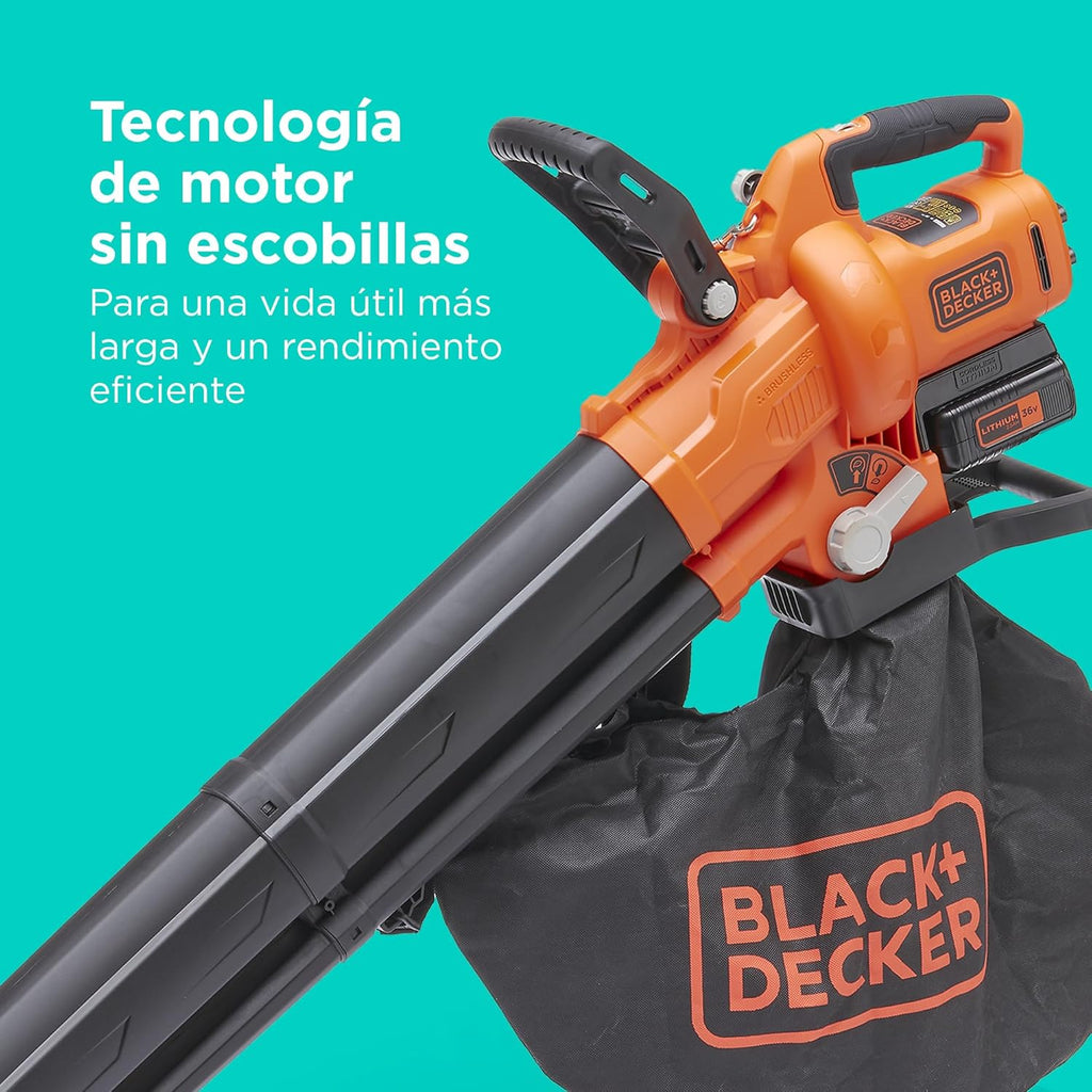 BLACK+DECKER Dmuchawa, odkurzacz i rozdrabniacz do liści 36 V, akumulatorowa, z workiem na liście 45 L i akumulatorem litowym 2,5 Ah, BCBLV3625L1-QW