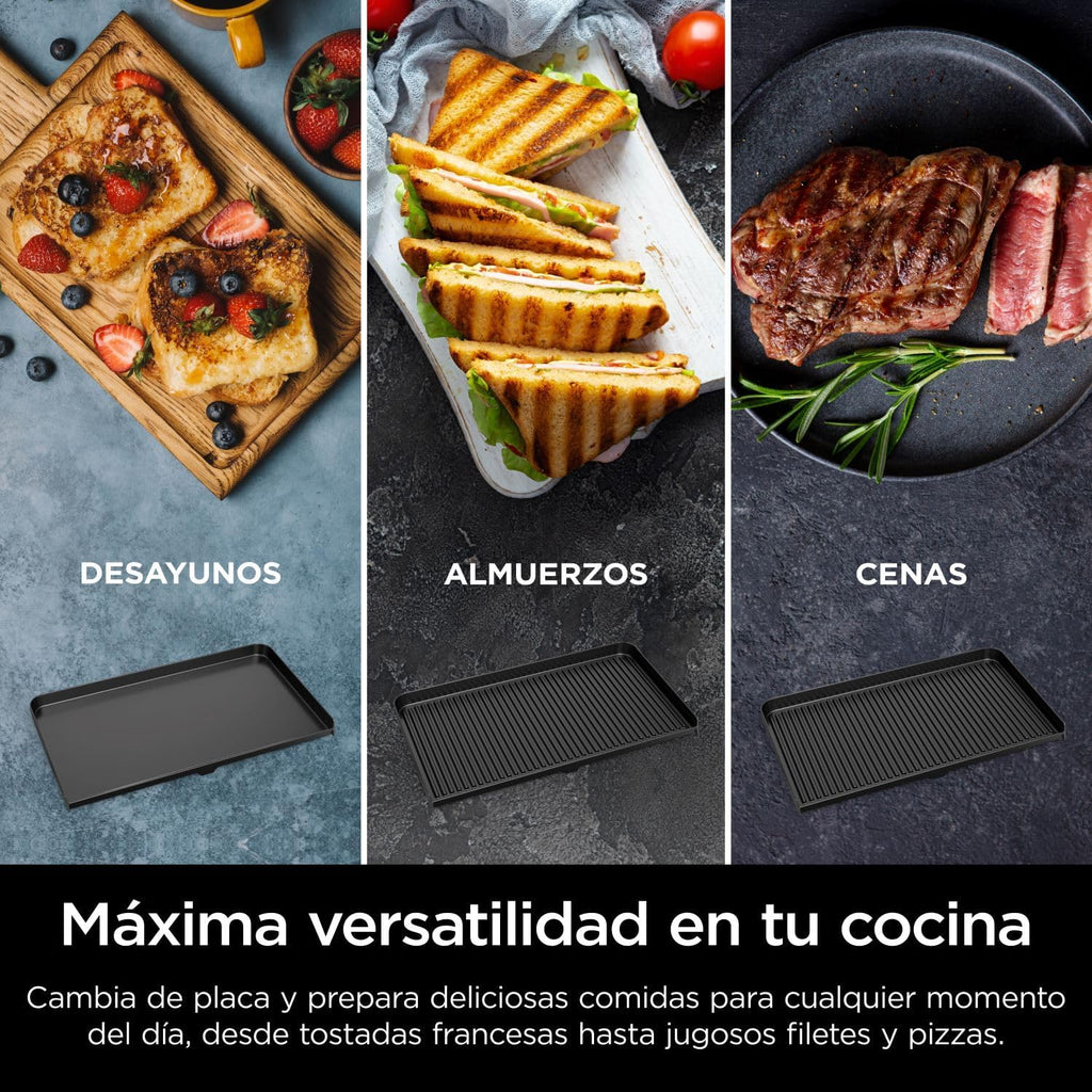 Ninja Sizzle Pro XL grill i płyta grillowa do użytku wewnątrz pomieszczeń z nieprzywierającą ceramiczną płytą grillową, odłączaną pokrywą, pojemnikiem na tłuszcz i książką z przepisami, srebrno-czarny GX101EU
