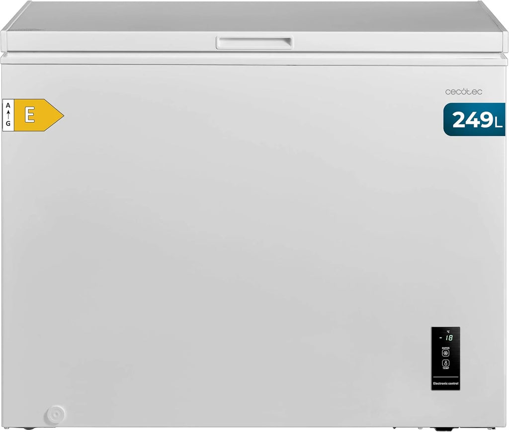 Zamrażarka skrzyniowa Cecotec Bolero CoolMarket Chest 249P, 249L, biała. Kosz z uchwytami, elektroniczne sterowanie LED, UltraContact D-Cool, Dual Function, drzwi ZeroG (80º-30º), Fast Freezing, kompaktowa