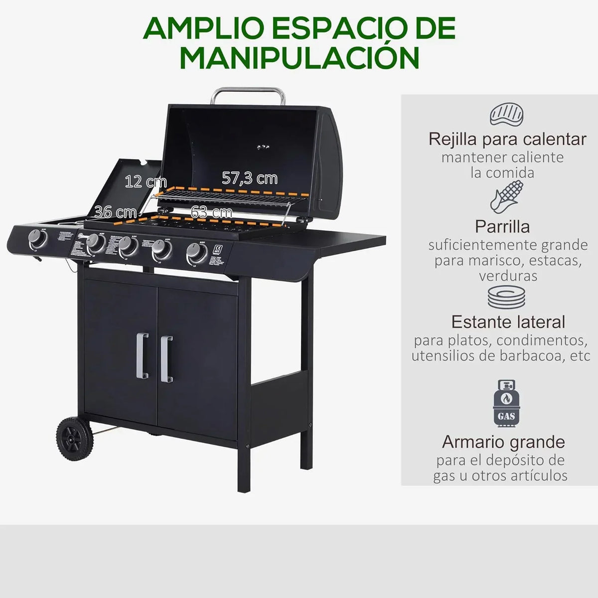 Outsunny grill gazowy z 4+1 palnikami 14,4 kW, stolikami bocznymi, szafką do przechowywania, termometrem i 2 kółkami, grill ze stali nierdzewnej 125 x 51 x 100 cm, czarny