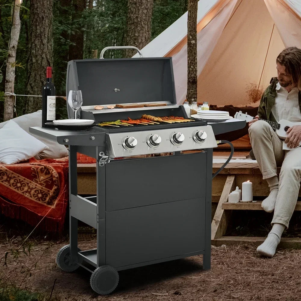 Grill gazowy SEGMART 4-palnikowy ze stali nierdzewnej 2026 – 34 200 BTU, grill ogrodowy/patio z dwoma składanymi półkami i termometrem, idealny na kemping i do gotowania na świeżym powietrzu
