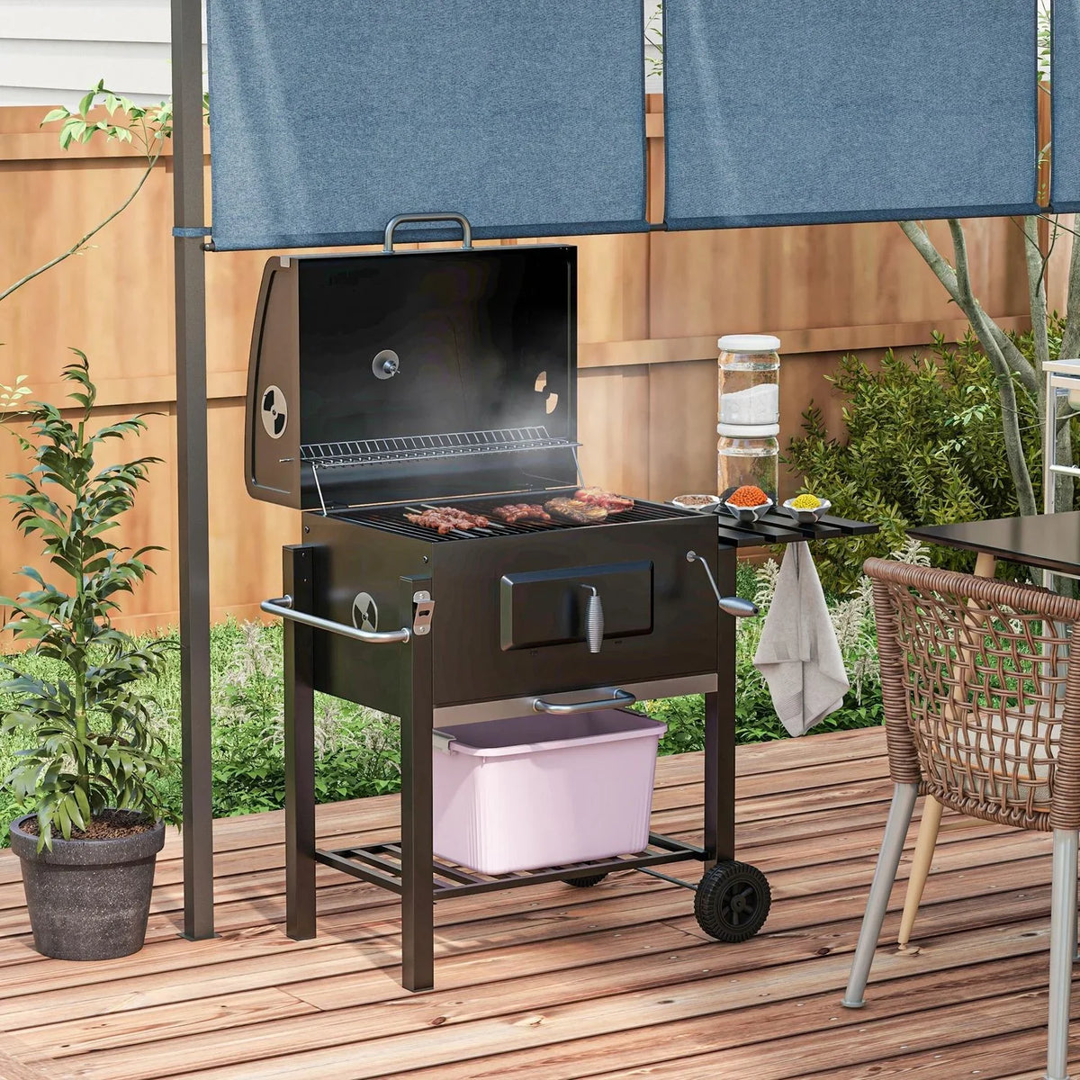 Grill Węglowy Outsunny Ze Stali Nierdzewnej 113x65x108 cm Czarny