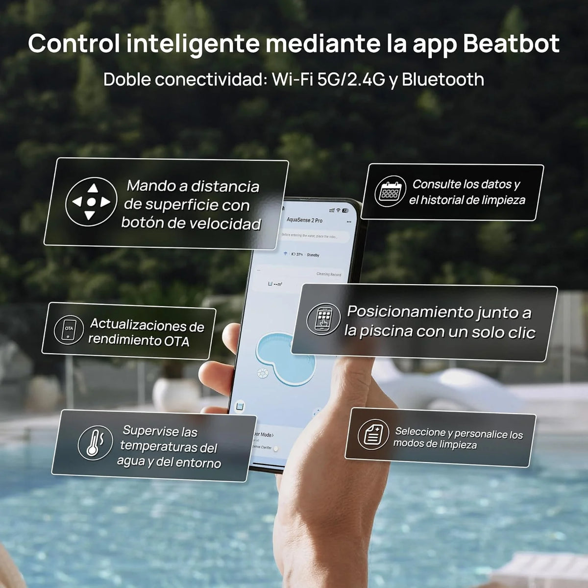 Beatbot AquaSense 2 Pro — Robot sprzątający do basenu, niezrównane czyszczenie 5 w 2, usuwa brud z powierzchni wody za pomocą zdalnej nawigacji, parkuje na powierzchni, klaruje wodę, do basenów