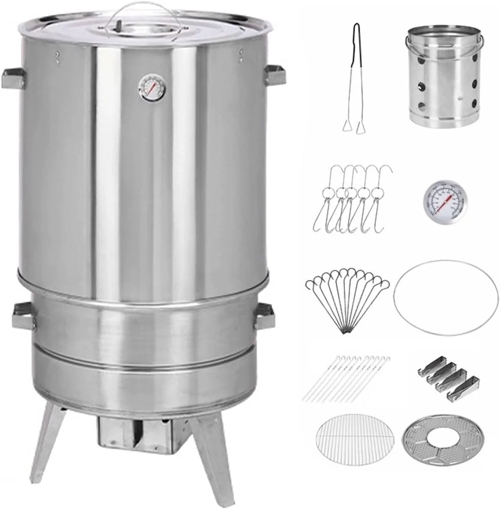 Wędzarnia beczkowa Grill do mięsa Materiał ze stali nierdzewnej Grill obrotowy 360° Z termometrem i pojemnikiem na popiół 50 cm średnicy Grill