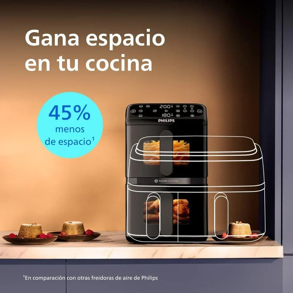 Philips Airfryer seria 4000 Podwójny pionowy kosz 10 l – Technologia RapidAir, synchronizacja, 2 kosze jednocześnie, 45% mniej miejsca, powłoka ceramiczna bez PFAS, okienka podglądu (NA460/00)