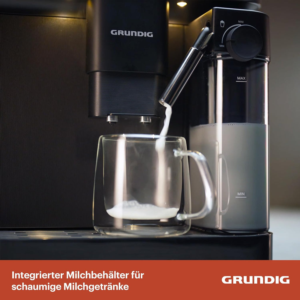Grundig KVA 7230 ekspres do kawy, 10 specjałów do kawy, 13 stopni mielenia, pojemnik na mleko, wydajny 1350 W, ciśnienie pompy 19 bar, podwójna dysza, oświetlenie, czarny/ciemny srebrny