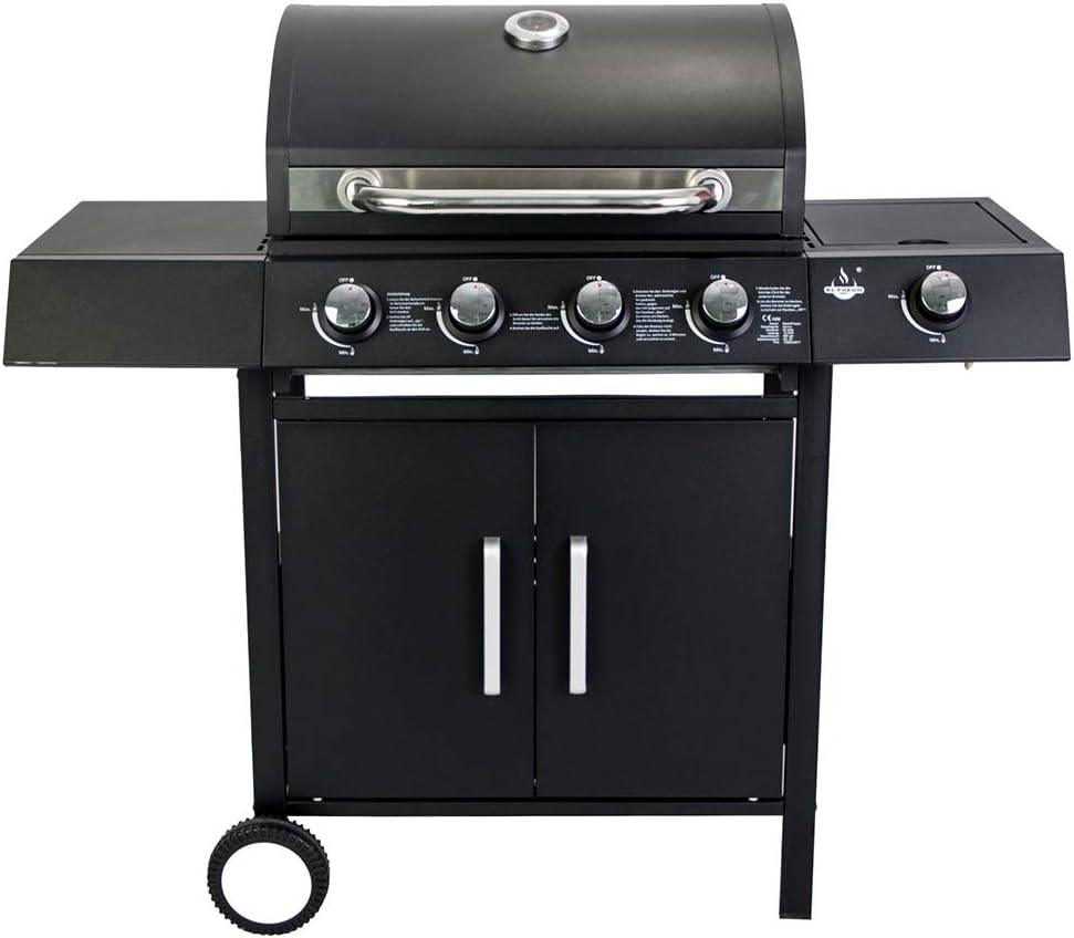 El Fuego® Grill gazowy "San Angelo 4+1", 4 główne palniki + 1 palnik boczny, stal nierdzewna, w zestawie wąż gazowy i reduktor ciśnienia, grill na kółkach, AY 582