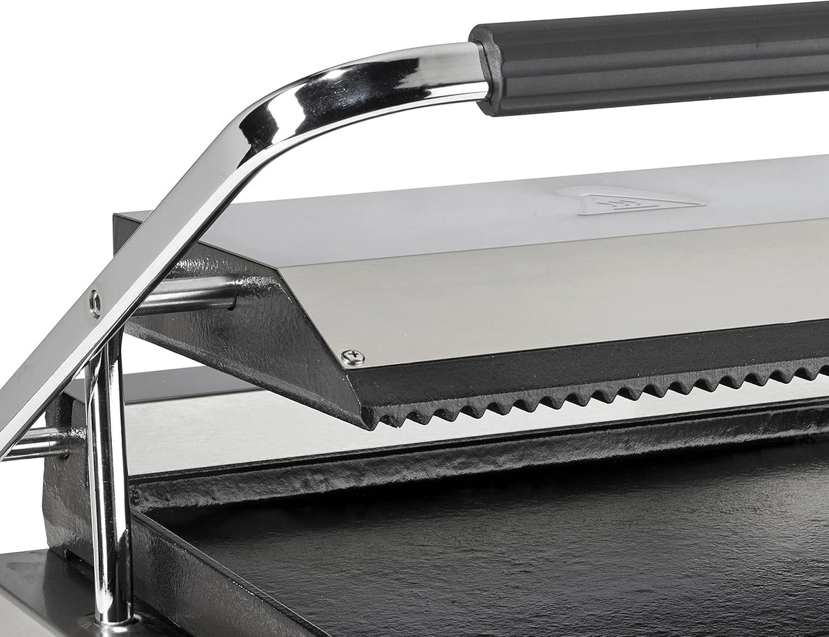 METRO Professional Płyta grillowa z grillem do panini GPG1202, stal nierdzewna, 43 x 36 x 20 cm, temperatura do 300°C, 45 panini na 60 minut, srebrna