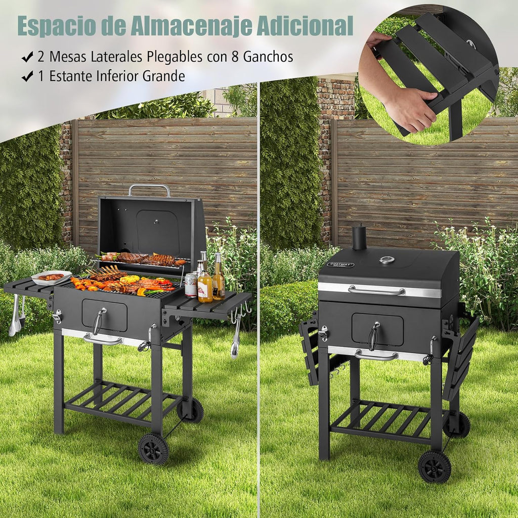 COSTWAY Grill Węglowy XXL, Przenośny Grill Ogrodowy 128 x 54 x 117 cm, z Pokrywą, Termometrem, 2 Składanymi Stolikami Bocznymi, 8 Haczykami, 2 Kółkami i Otwieraczem do Butelek