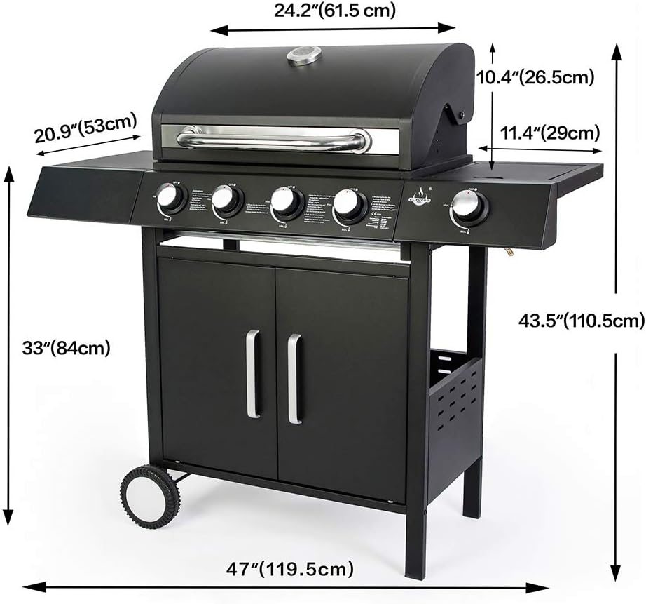 El Fuego® Grill gazowy "San Angelo 4+1", 4 główne palniki + 1 palnik boczny, stal nierdzewna, w zestawie wąż gazowy i reduktor ciśnienia, grill na kółkach, AY 582