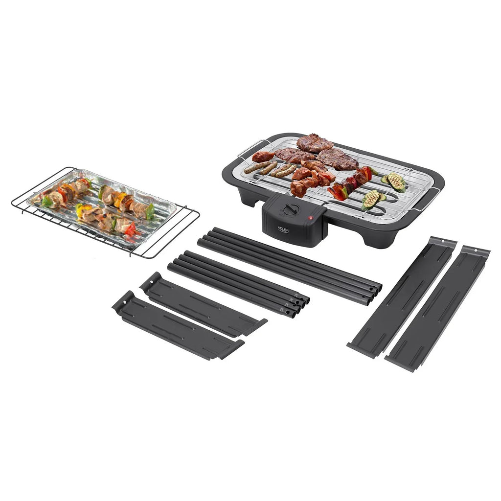 Grill elektryczny z podstawką, chromowany ruszt, regulacja temperatury, do użytku wewnątrz/na zewnątrz, odłączany, czarny, 2000 W Adler AD 6602