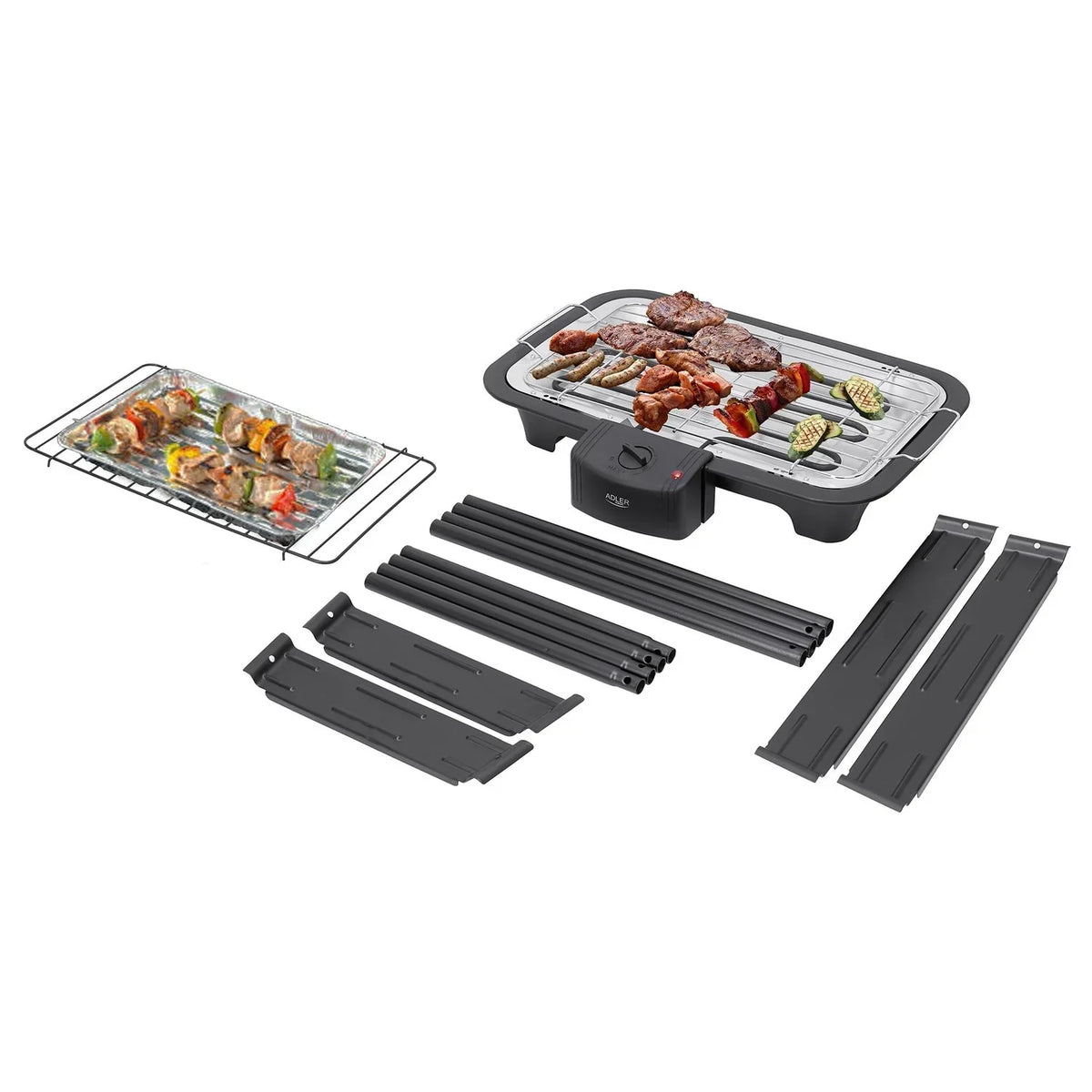 Grill elektryczny z podstawką, chromowany ruszt, regulacja temperatury, do użytku wewnątrz/na zewnątrz, odłączany, czarny, 2000 W Adler AD 6602