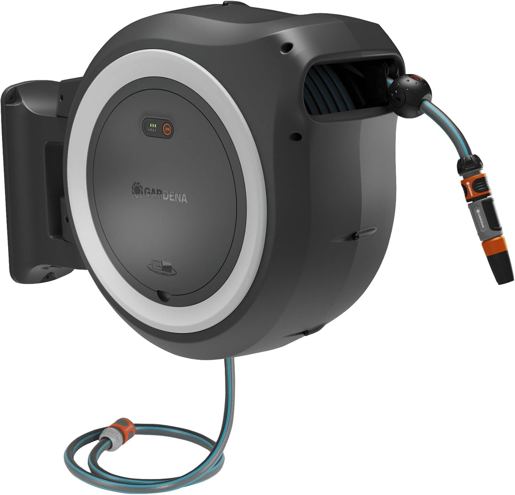 Gardena akumulatorowa skrzynka naścienna na wąż PowerRoll XXL, zestaw gotowy do użycia – zwijacz węża z 40 m wężem, prowadnicą węża i RollControl, kompletny zestaw z akumulatorem (18645-20)