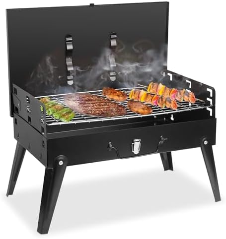 Przenośny grill węglowy ze stali nierdzewnej, składany grill na świeżym powietrzu z haczykami narzędziowymi na kemping, piknik, ogród, imprezę, podróż, idealny do gotowania na świeżym powietrzu