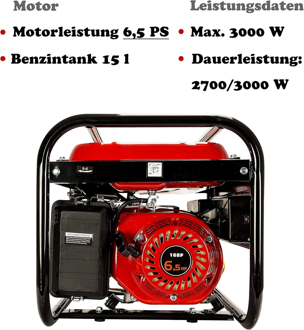 Agregat prądotwórczy benzynowy | W zestawie akcesoria | Cichy generator prądu | 5 gniazd: 3 x 230 V / 1 x 400 V / 1 x 12 V | 6,5 KM