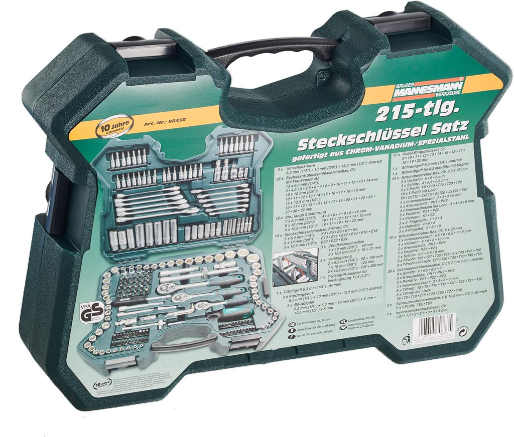 Mannesmann M98430 - Zestaw kluczy nasadowych i innych narzędzi (215 elementów, wymiary: 12x36x51 cm), Kolor zielony Mannesmann