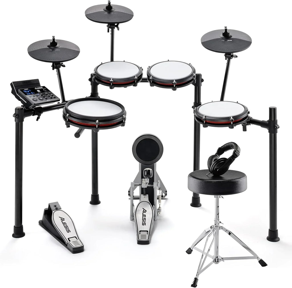 Alesis Nitro Max Kit – Elektroniczna perkusja z cichymi naciągami siateczkowymi, dwustrefowym padem werbla 10", Bluetooth, 440+ autentycznych brzmień, lekcjami Drumeo, USB MIDI, pedałem stopy