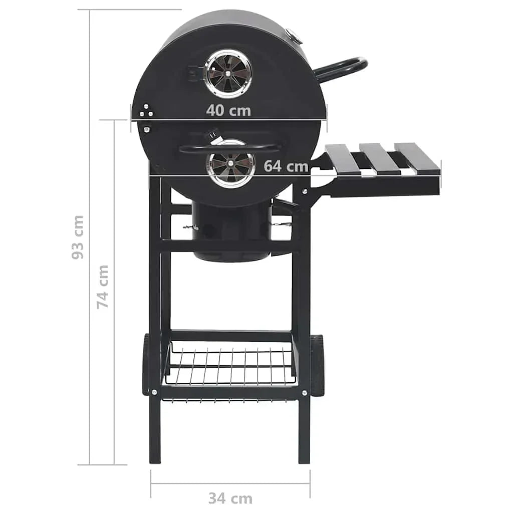 2026 Grill z kółkami i półkami, czarny, stal, 115 x 85 x 95 cm, grill ogrodowy
