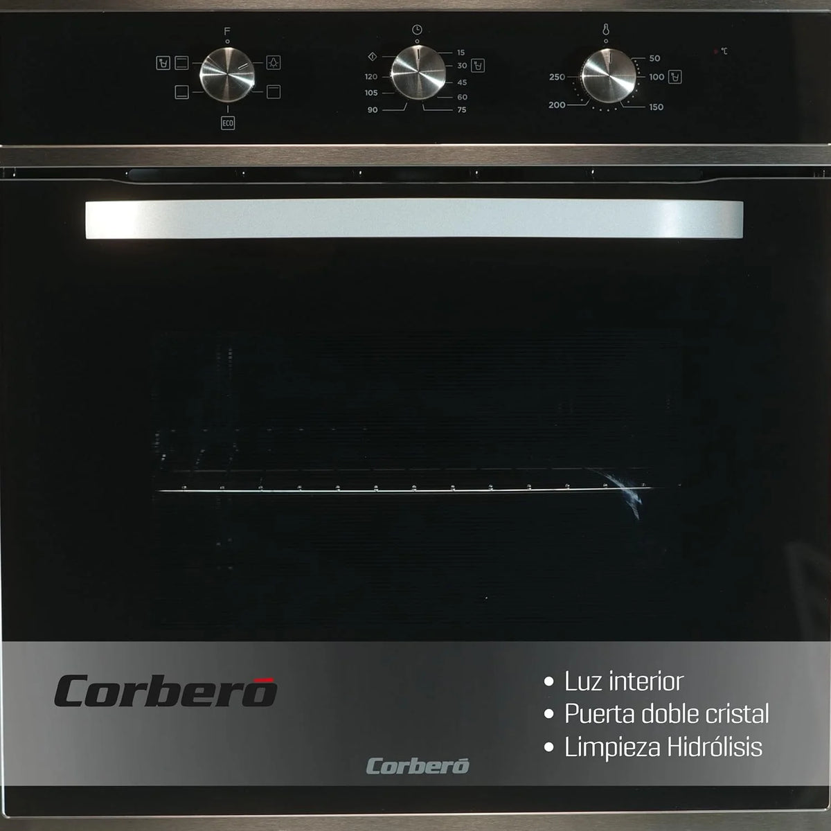 Corberó — Piekarnik konwekcyjny 70L | CCHM603X | 60x60x58 cm | Konwencjonalny z 4 Programami | Oświetlenie wewnętrzne | Czyszczenie hydrolityczne | Drzwi z podwójnego szkła | 2100W | Czarny profil ze stali nierdzewnej