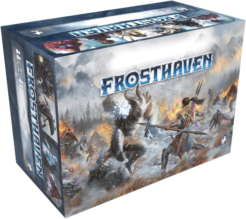 Cephalofair Games Frosthaven, kooperacyjna gra planszowa kampanijna, osadzona w mroźnym świecie, od 14 lat, 1-4 graczy, 30 minut gry na gracza, wersja hiszpańska