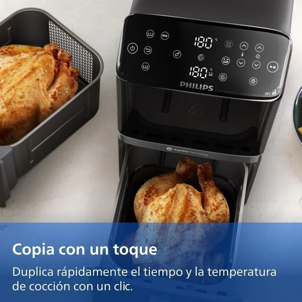 Philips Airfryer seria 4000 Podwójny pionowy kosz 10 l – Technologia RapidAir, synchronizacja, 2 kosze jednocześnie, 45% mniej miejsca, powłoka ceramiczna bez PFAS, okienka podglądu (NA460/00)