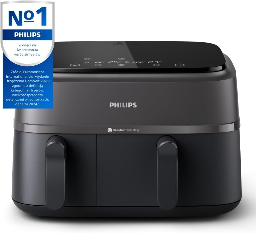Philips Ovi Dual Basket z parą - Wyjątkowe funkcje gotowania Steamfry, Gotowania na parze, Airfry - 19 sposobów gotowania; pojemność 9L (3L + 6L), RapidAir Plus, automatyczne SteamClean (NA550/00)