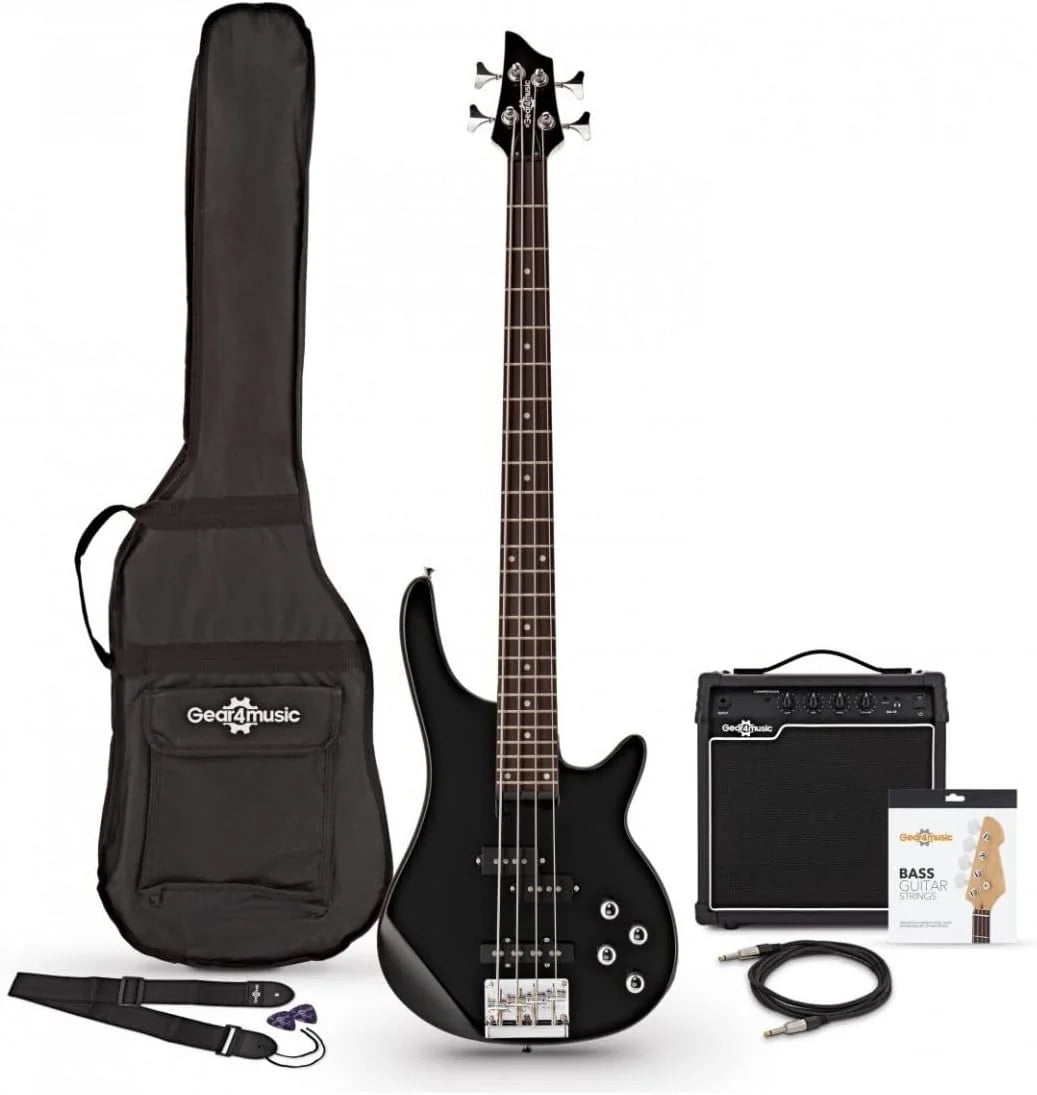 Gitara Basowa Elektryczna Chicago By Gear4music Z Wzmacniaczem 15 W, 4-strunowa, Czarna