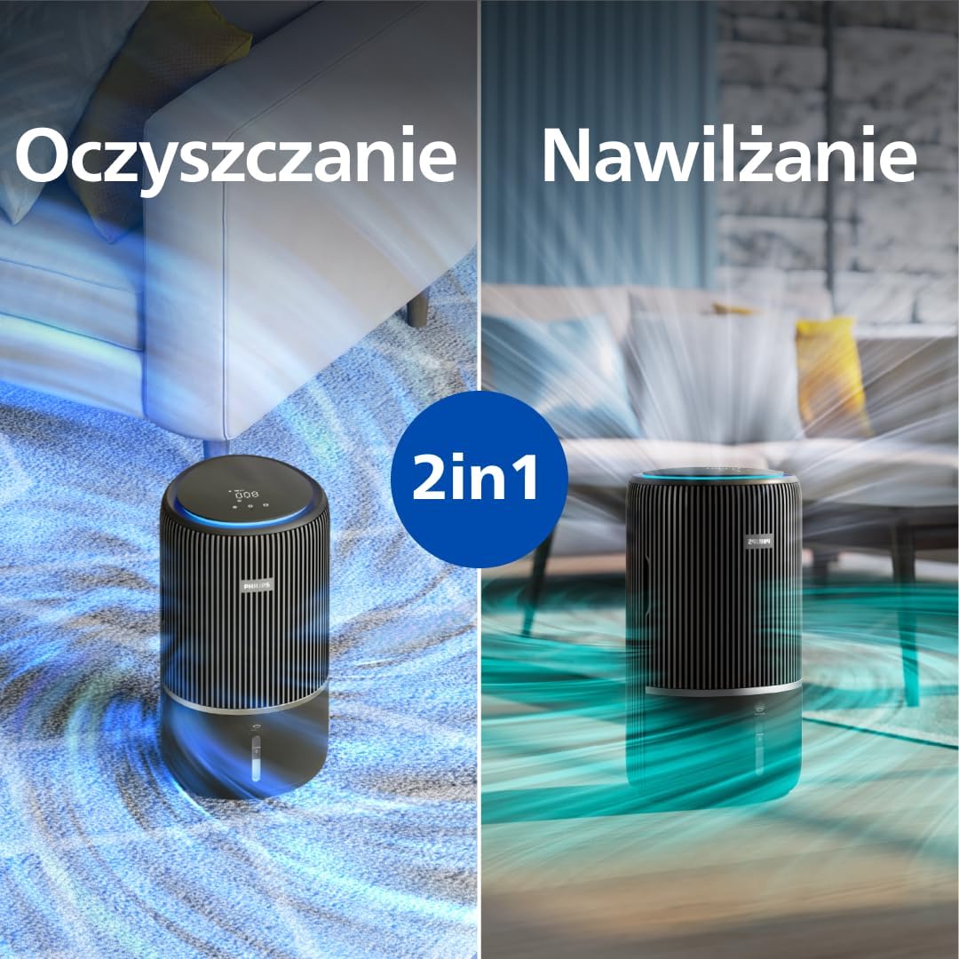 Philips Oczyszczacz i nawilżacz powietrza 2 w 1 z serii 3400, HEPA NanoProtect + filtr z aktywnym węglem, higieniczne nawilżanie 650 ml/h, CADR 300 m³/h dla 78 m² (AC3421/13)