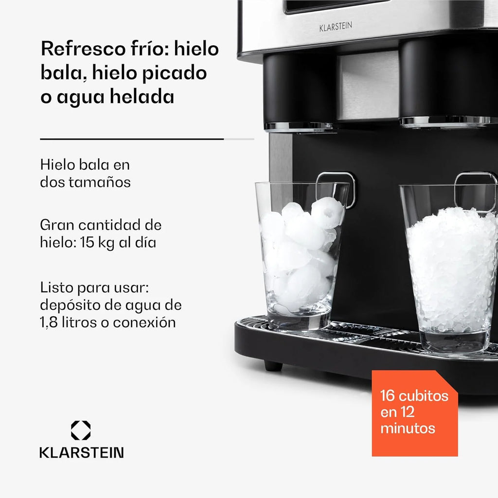 Klarstein Maquina de Hielo Doméstica, 1,8L, Szary, Kostkarka do Lodu 15 kg, do Robienia Kostek Lodu i Kruszonego Lodu w Domu, z Panelem Dotykowym i Systemem Łatwego Czyszczenia, Funkcja Szybka