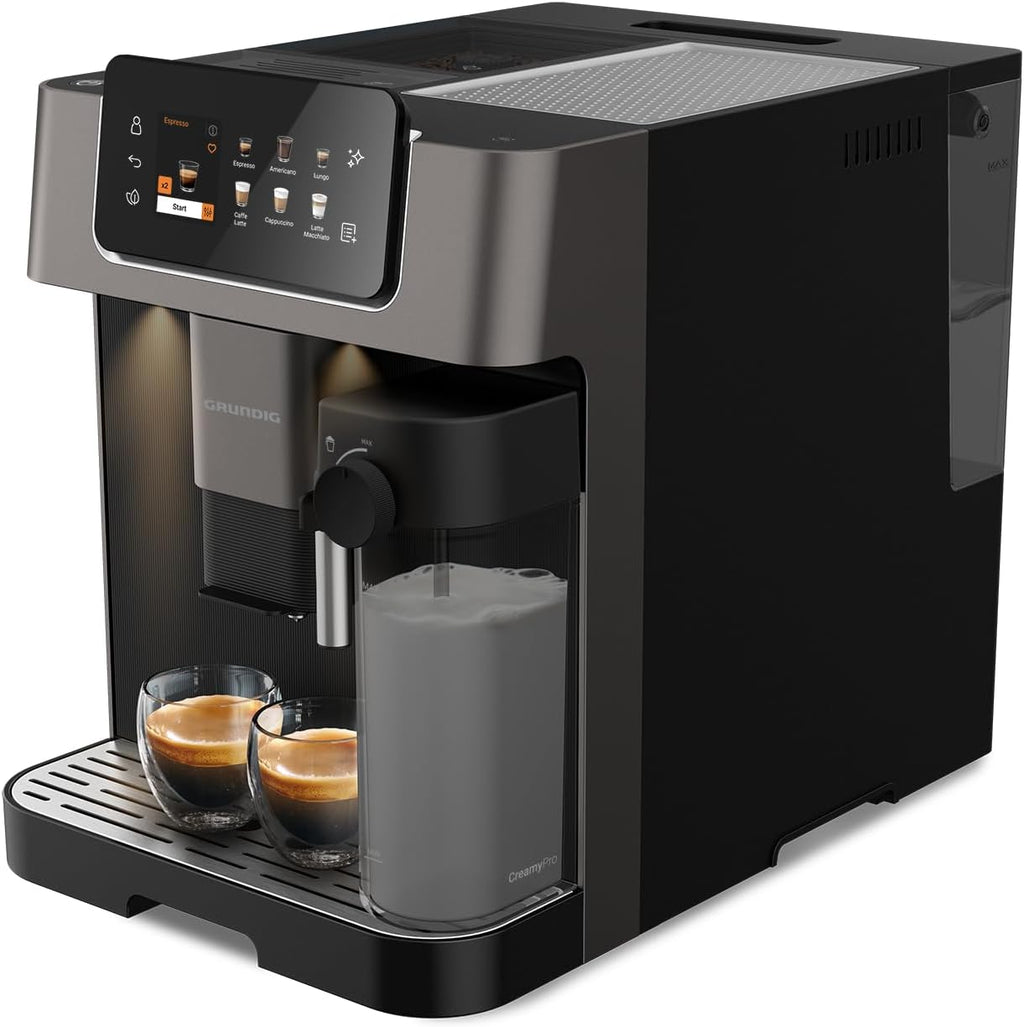 Grundig KVA 7230 ekspres do kawy, 10 specjałów do kawy, 13 stopni mielenia, pojemnik na mleko, wydajny 1350 W, ciśnienie pompy 19 bar, podwójna dysza, oświetlenie, czarny/ciemny srebrny