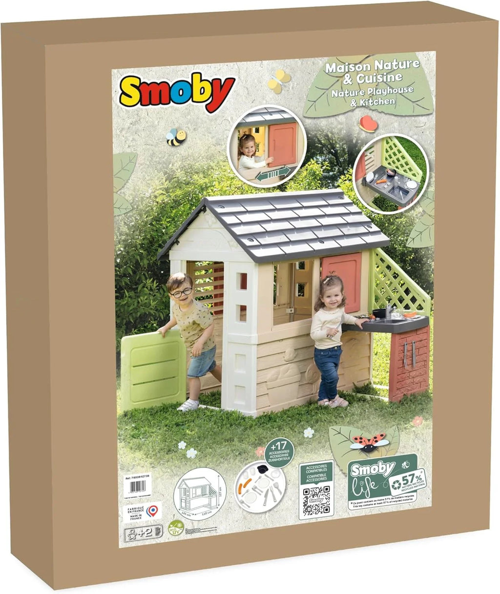 Smoby Life Casa Nature z kuchnią - Domek dla dzieci do użytku wewnątrz i na zewnątrz - Odporny na promienie UV materiał z recyklingu - Od 2 lat - W zestawie kuchnia i akcesoria - (7600810739)