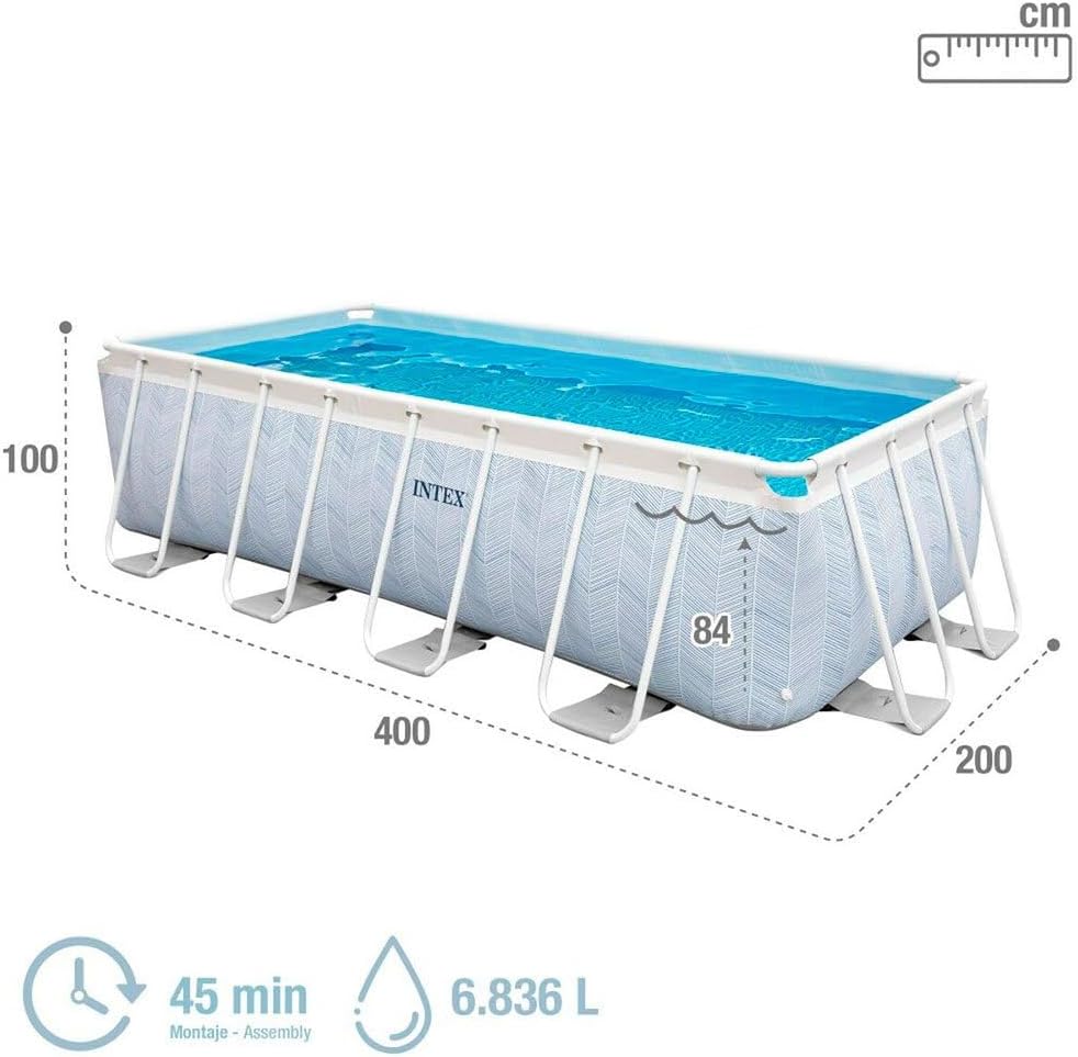 Intex Basen Rozporowy Prostokątny Chevron Prism Frame Premium, Wymiary 400x200x100cm, Pojemność 6.836 litrów, Odporny Materiał Trójwarstwowy, W Zestawie: Pompa Filtracyjna i Drabinka (55259)